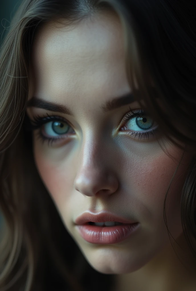 Create an image of a woman's smoky gray eyes with long eyelashes