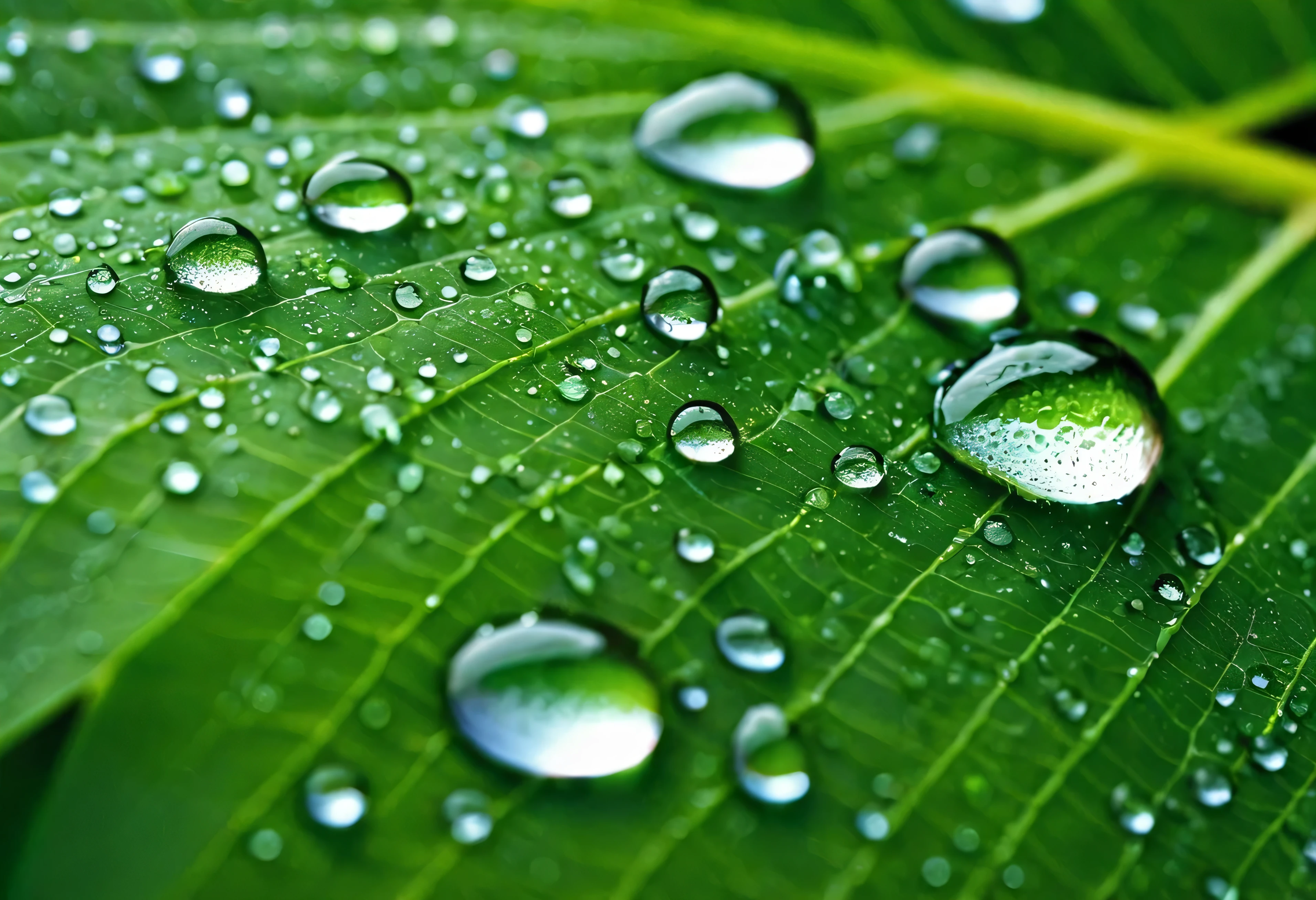 Generate an extremely detailed and hyper-realistic super close-up photo of dew droplets on a leaf. The droplets should be crystal clear, reflecting the surrounding environment with incredible sharpness. The surface tension should make the droplets perfectly spherical, clinging delicately to the textured surface of the leaf. The leaf itself should show intricate veins and a slightly glossy surface, with the green color rich and vibrant. The lighting should be soft, highlighting the delicate nature of the dew while creating subtle reflections and refractions within the droplets. The background should be softly blurred, keeping the focus entirely on the dew and the leaf. This photo should capture the delicate beauty of nature in stunning detail, evoking a sense of calm and purity.