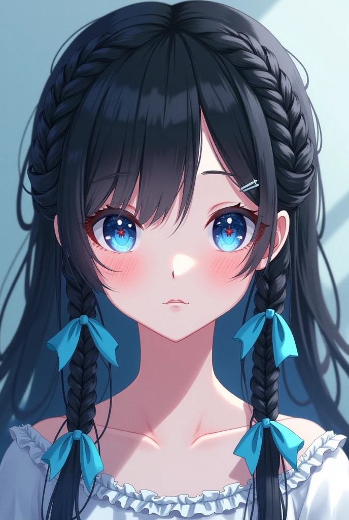 a young girl with long and fine wavy black hair, has wavy side parting bangs, with hairstyle "short braid half from the top to the ear line of the head on both sides at the top of the side of the head and let the rest of the hair below the ear line loose" with each sky blue ribbon braided with folded fabric ribbon tails, has a blue ruby diamond pattern eye type like athanasia with californian coral gradation underneath has soft and smooth white skin (front facing pose)
