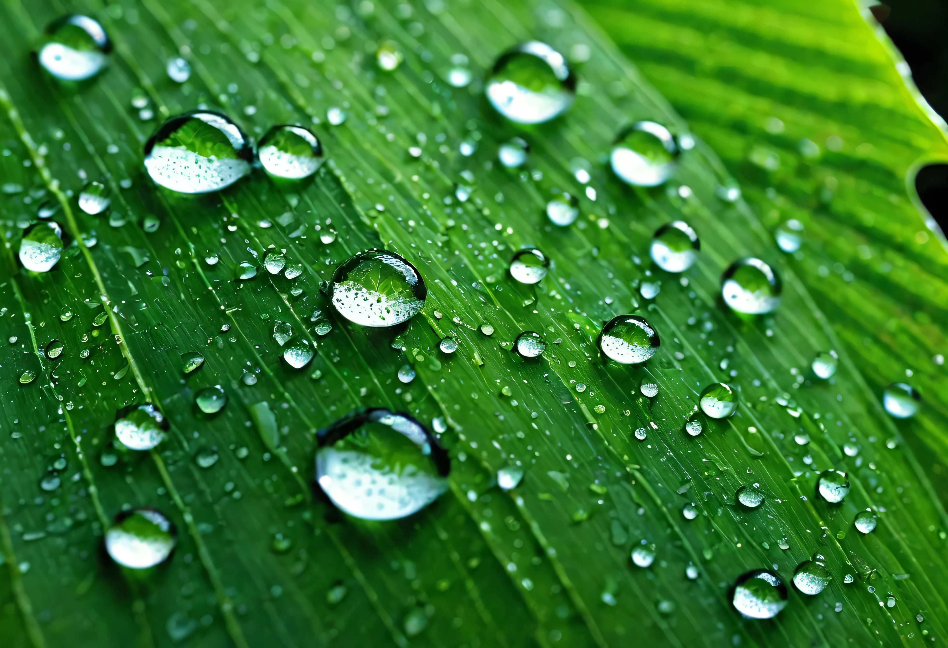 Generate an extremely detailed and hyper-realistic super close-up photo of dew droplets on a leaf. The droplets should be crystal clear, reflecting the surrounding environment with incredible sharpness. The surface tension should make the droplets perfectly spherical, clinging delicately to the textured surface of the leaf. The leaf itself should show intricate veins and a slightly glossy surface, with the green color rich and vibrant. The lighting should be soft, highlighting the delicate nature of the dew while creating subtle reflections and refractions within the droplets. The background should be softly blurred, keeping the focus entirely on the dew and the leaf. This photo should capture the delicate beauty of nature in stunning detail, evoking a sense of calm and purity.