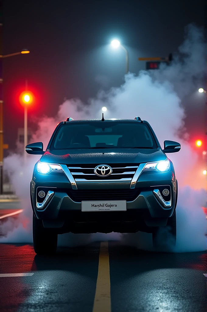 Black fortuner at street lights smoke front look and number plate name is Harshil Gajera