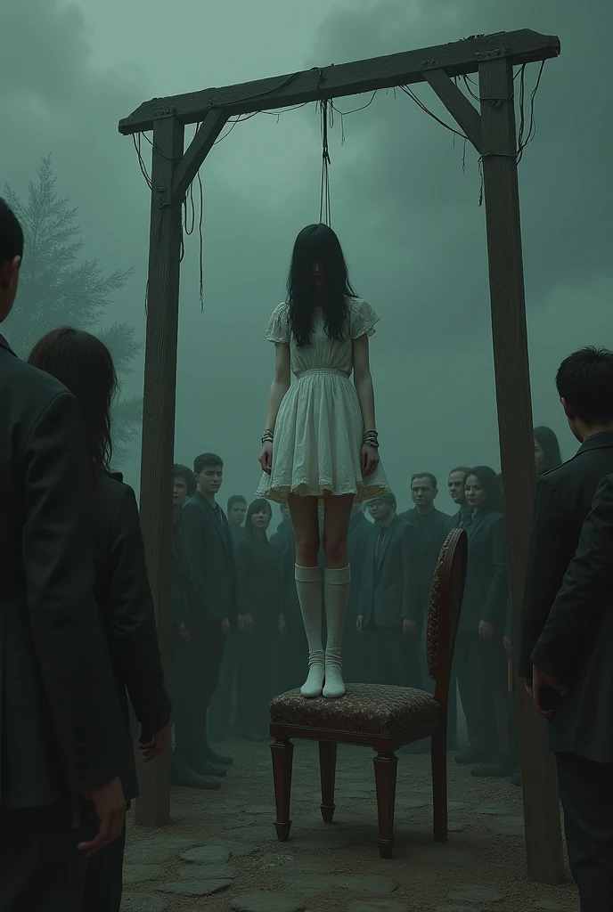 The hanging scene of the girl in white thigh high socks , gallows , many people around , stand on chair, float, has a reclining chair, hands tied