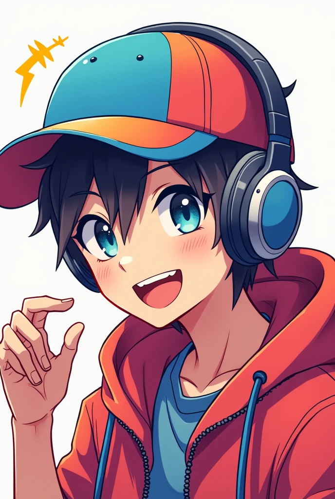 Generate me an avatar (man) anime style that is colorful and wears headphones and a cap, generalize it up to the waist, that his hands can be seen