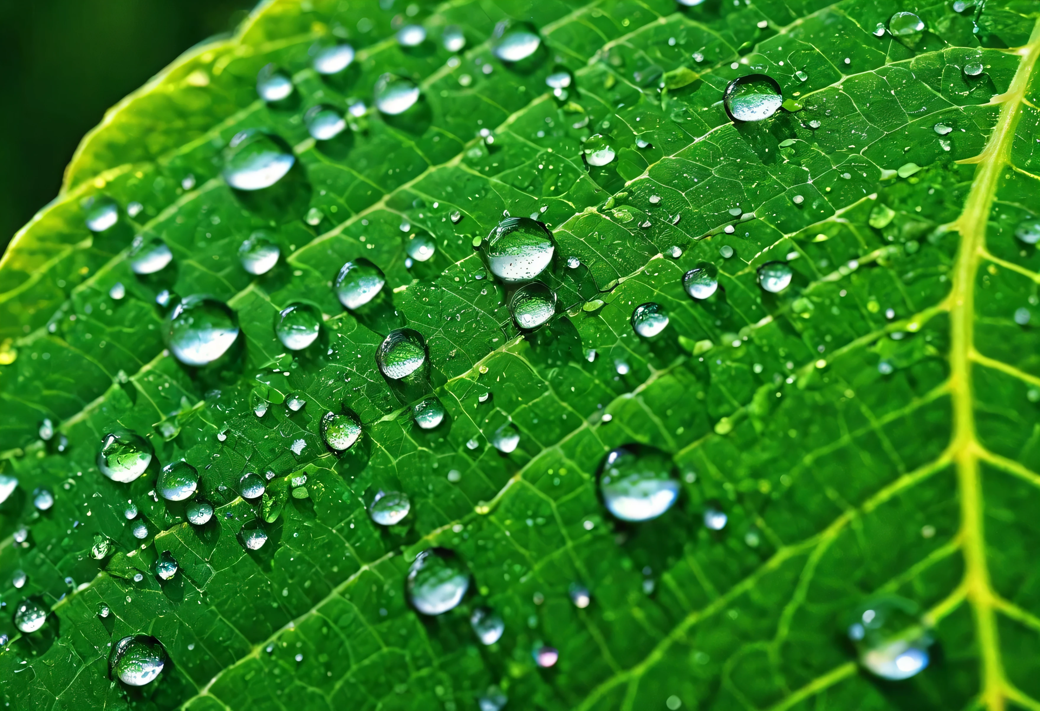 Generate an extremely detailed and hyper-realistic super close-up photo of dew droplets on a leaf. The droplets should be crystal clear, reflecting the surrounding environment with incredible sharpness. The surface tension should make the droplets perfectly spherical, clinging delicately to the textured surface of the leaf. The leaf itself should show intricate veins and a slightly glossy surface, with the green color rich and vibrant. The lighting should be soft, highlighting the delicate nature of the dew while creating subtle reflections and refractions within the droplets. The background should be softly blurred, keeping the focus entirely on the dew and the leaf. This photo should capture the delicate beauty of nature in stunning detail, evoking a sense of calm and purity.