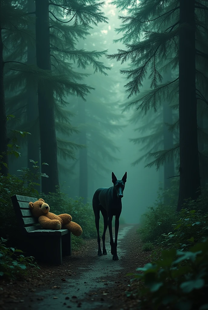 A long black dog walked into the forest. By leaving a brown teddy bear with missing arms and legs scattered on a bench behind the house.