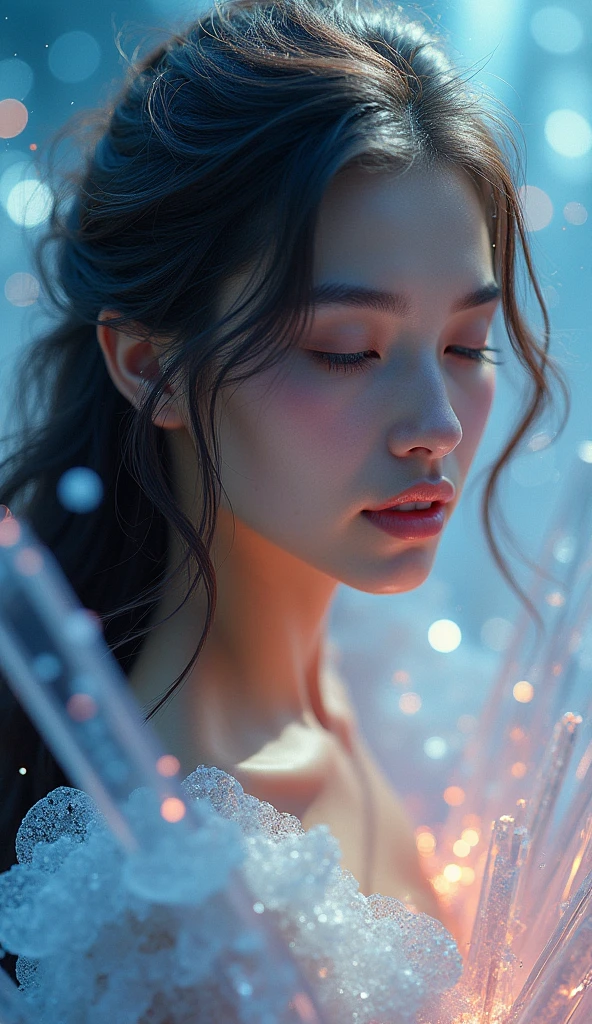 crystals fantasy, close up, a beautiful woman with long hair,
fantasy, galaxy, transparent, 
shimmering, sparkling, splendid, colorful, 
magical photography, dramatic lighting, photo realism, ultra-detailed, 4k, Depth of field, High-resolution.