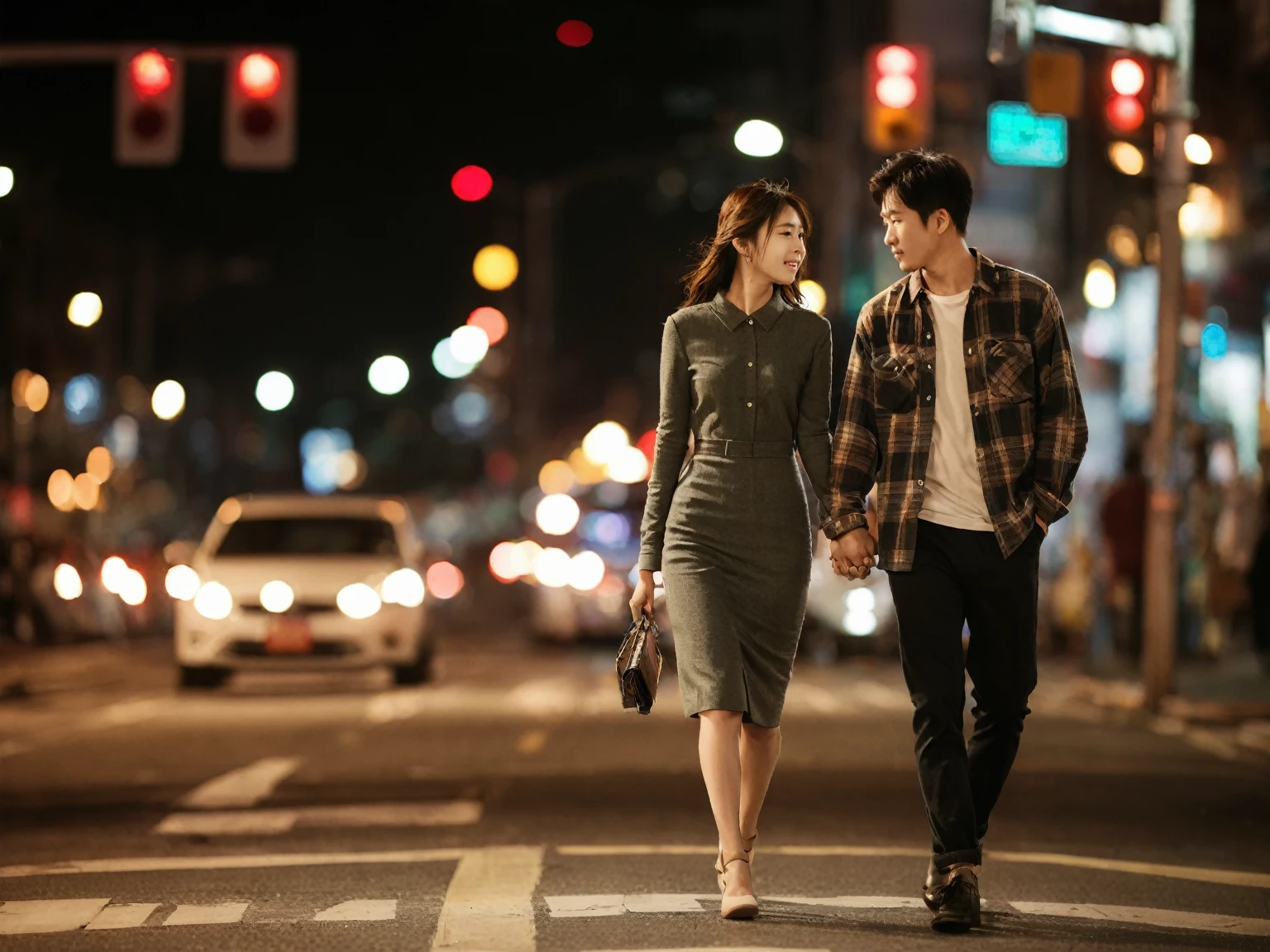 rompts
Copy
A striking, ultra-detailed image of a young Korean couple strolling hand-in-hand on a bustling night street. The man is dressed in a cozy flannel shirt, while the woman is clad in a stylish, form-fitting dress. The city lights and traffic signals illuminate their surroundings, casting a warm, inviting glow. The couple's expressions convey a deep connection and passion, as they share a tender moment in the vibrant urban setting.