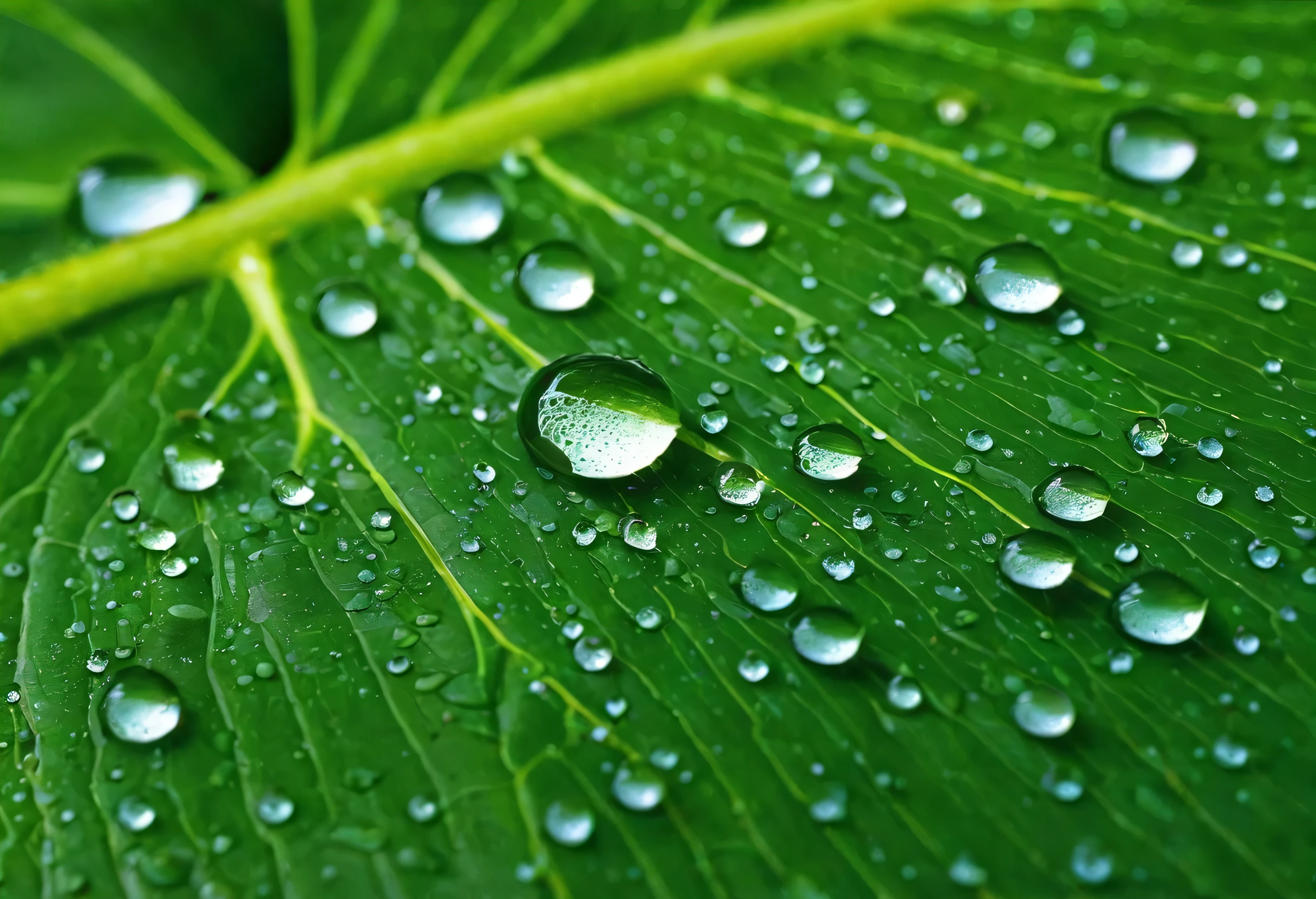 Generate an extremely detailed and hyper-realistic super close-up photo of dew droplets on a leaf. The droplets should be crystal clear, reflecting the surrounding environment with incredible sharpness. The surface tension should make the droplets perfectly spherical, clinging delicately to the textured surface of the leaf. The leaf itself should show intricate veins and a slightly glossy surface, with the green color rich and vibrant. The lighting should be soft, highlighting the delicate nature of the dew while creating subtle reflections and refractions within the droplets. The background should be softly blurred, keeping the focus entirely on the dew and the leaf. This photo should capture the delicate beauty of nature in stunning detail, evoking a sense of calm and purity.