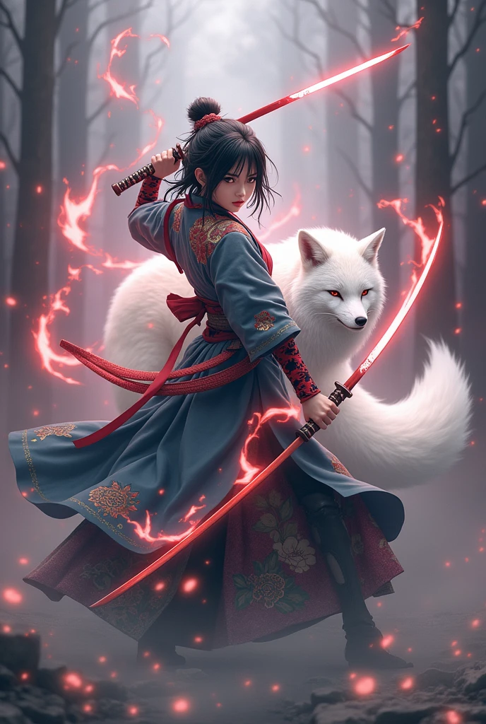 The enigmatic samurai woman (Musashi Miyamoto) wielding a long Japanese sword, Splitting with each powerful slash、Enveloped in the mist that obscures vision, Revealing a vivid and otherworldly scene, The clarity of the sword's slash against the hazy background, Mysterious Background, The white fox's sharp gaze met the viewer's., A layer of ethereal mist shrouding the foreground, Piercing, clear eyes, An exquisite and detailed kimono, Dramatic lighting and colors