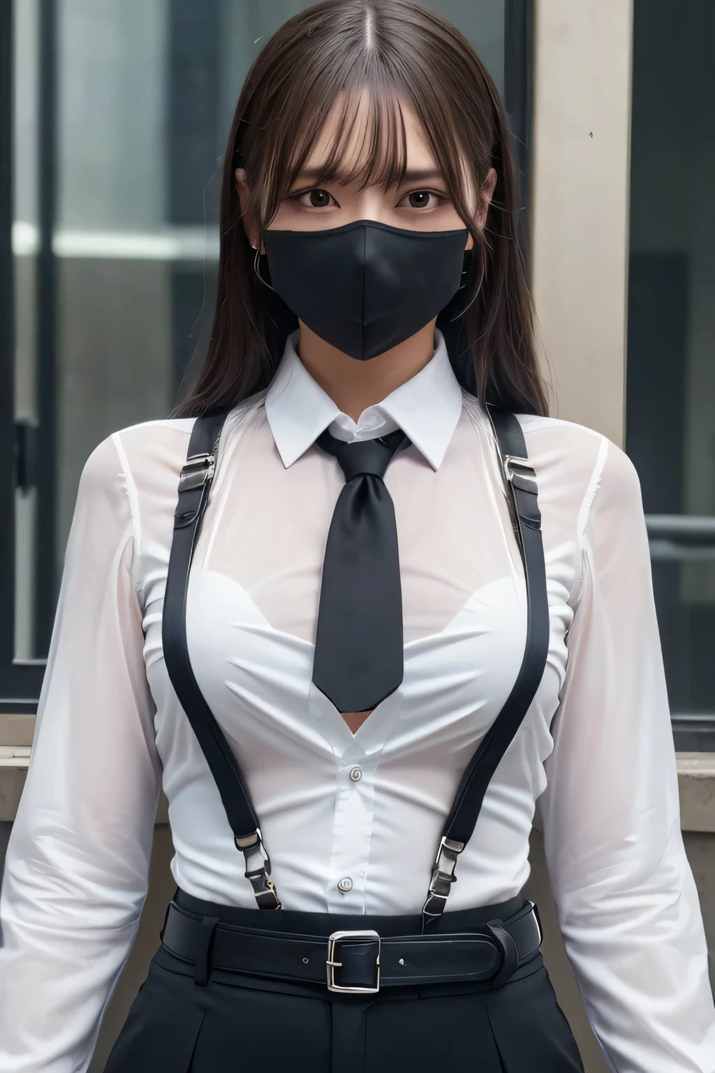 a woman in a suit, belt, hands behind back, sweating, suspenders, black pants, sexly, large breasts, see-through clothing, rain, detective, office worker, white button-up shirt, (best quality,4K,8k,highres,masterpiece:1.2),ultra-detailed,(realistic,photorealistic,photo-realistic:1.37),hyper-detailed,highly detailed face and body, Slender thin suspenders Moderate breasts See-through shirt Nipples holster chain Pistol Armament criminal Female criminal knife black mask sweat sweating See-through clothing