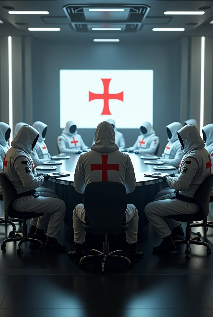 12 modern soldiers , with white bulletproof vest with a red Templar cross painting, with templar hood , military boots sitting at a table in the center and a big screen in the background