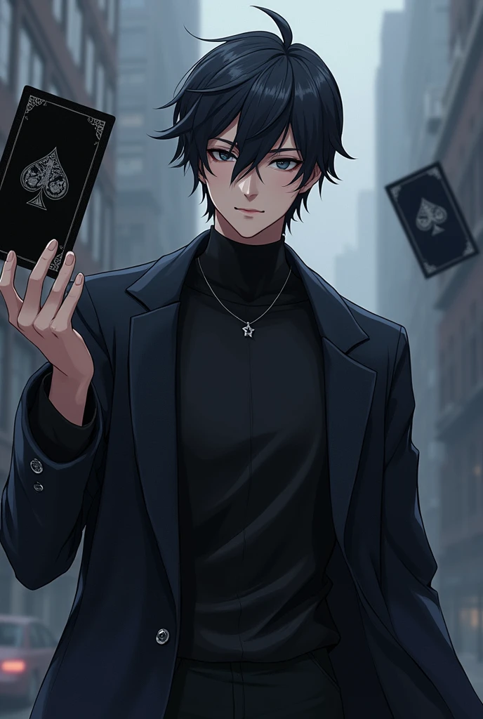create a male anime character with appearance and clothes like that of gojou satori from jujutsu kaizen uses in which his main weapon is the use of cards like tulbacaim from hellsing - the hair should not be too long, your outfit should be minimalist with no belts or collars or buttons on the overcoat - the cards should be black with silver details
