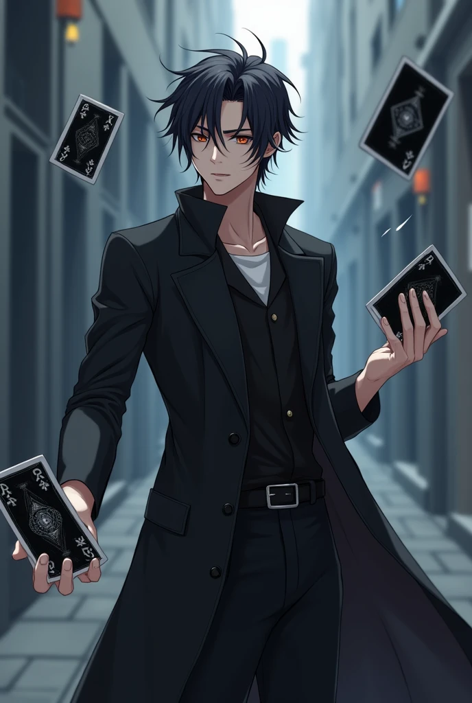 create a male anime character with appearance and clothes like that of gojou satori from jujutsu kaizen uses in which his main weapon is the use of cards like tulbacaim from hellsing - the hair should not be too long, your outfit should be minimalist with no belts or collars or buttons on the overcoat - the cards should be black with silver details