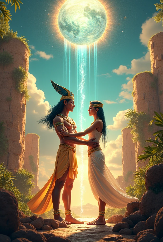 Show Shu and Tefnut standing together in a harmonious scene, symbolizing their unity in Egyptian mythology. Shu is depicted holding up the sky, his body stretched tall and strong, while Tefnut stands by his side, gently touching the earth, her hands creating streams of water that flow into the landscape. Both are dressed in traditional Egyptian attire, with gold and turquoise jewelry, and their bodies glow with divine energy. The background features a vibrant Egyptian landscape, with the sky above and the fertile earth below, connected by their divine presence. Use masterpiece, best quality, CG, wallpaper, HDR, high quality, ultra detailed face, cinematic, high detail, 8k, raw, high, artstation HQ, unreal engine, octane renderer, 4k resolution, hyperrealistic, highly detailed, and absurdres settings