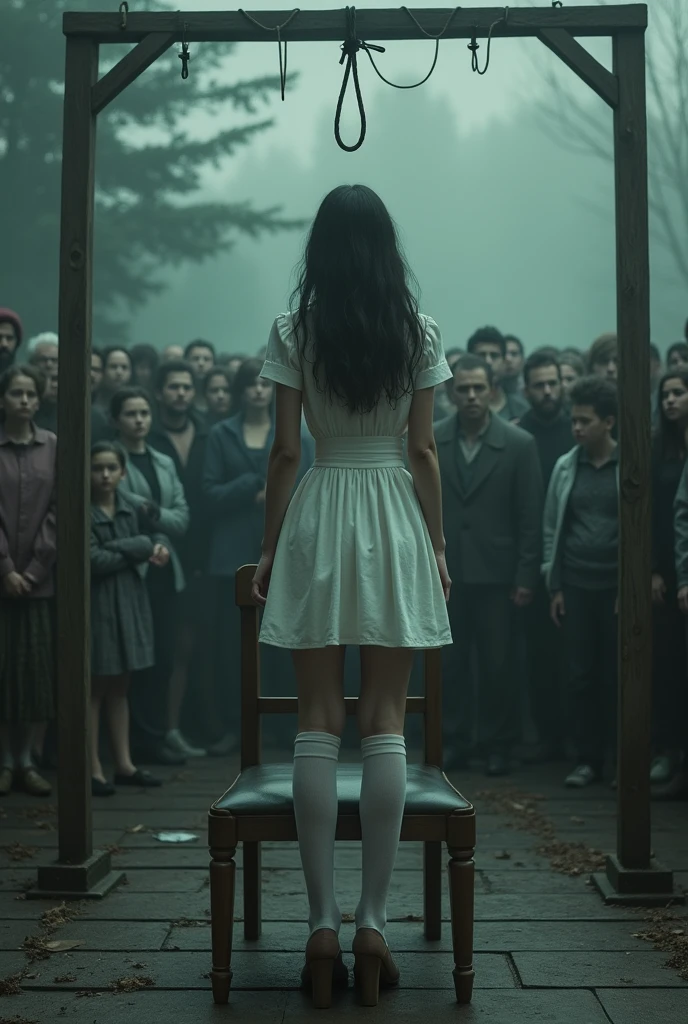 The hanging scene of the girl in white thigh high socks , gallows , many people around , stand on chair, float, has a reclining chair, hands tied