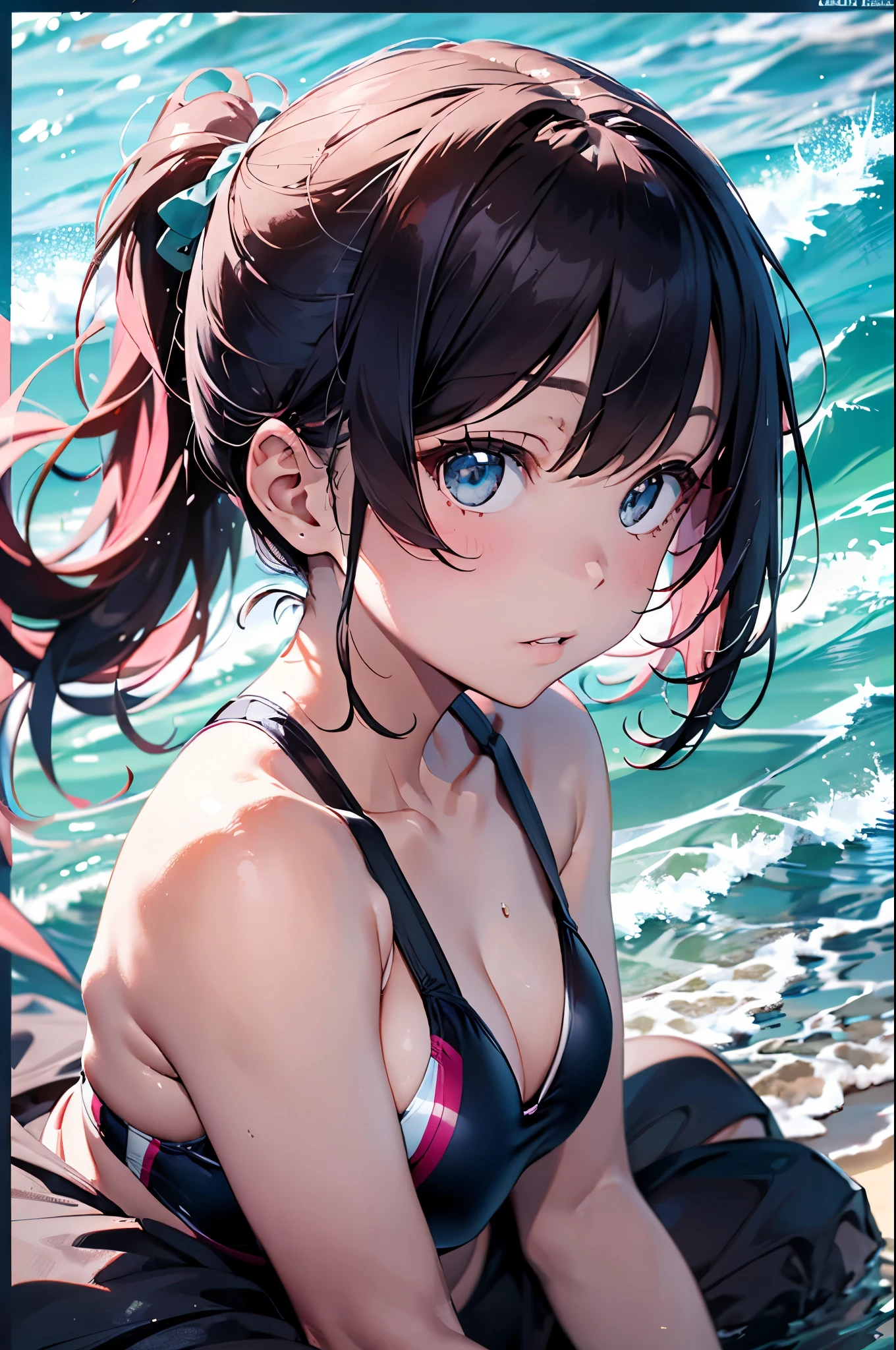 4K,8k,High resolution,Pink Swimsuit、
A pretty young woman,Pink Hair、ponytail、Pink Swimsuit、
(Soft Saturation:1.3), (Fair skin:1.2),
(ultra-Detailed Background, Detailed Background), Bokeh,
break&#39;Smiling portrait.,
When viewed from the front, The composition is symmetrical,
Looking straight at you with serious eyes,
break Swimwear, White Bikini, Center of chest, 
Outdoor, Sea surface, null, sunlight,Summer beach, Sandy Beach,
Strong light, Front lighting, 
(Teen:1.3), (Cowboy Shot:1.2),
Front brake angle,
View your audience,
Dynamic pose,
sitting on the beach
Wakame seaweed、Wakame seaweed、
Seaweed、Seaweed、Seaweed、Seaweed、Seaweed、Seaweed、Seaweed、