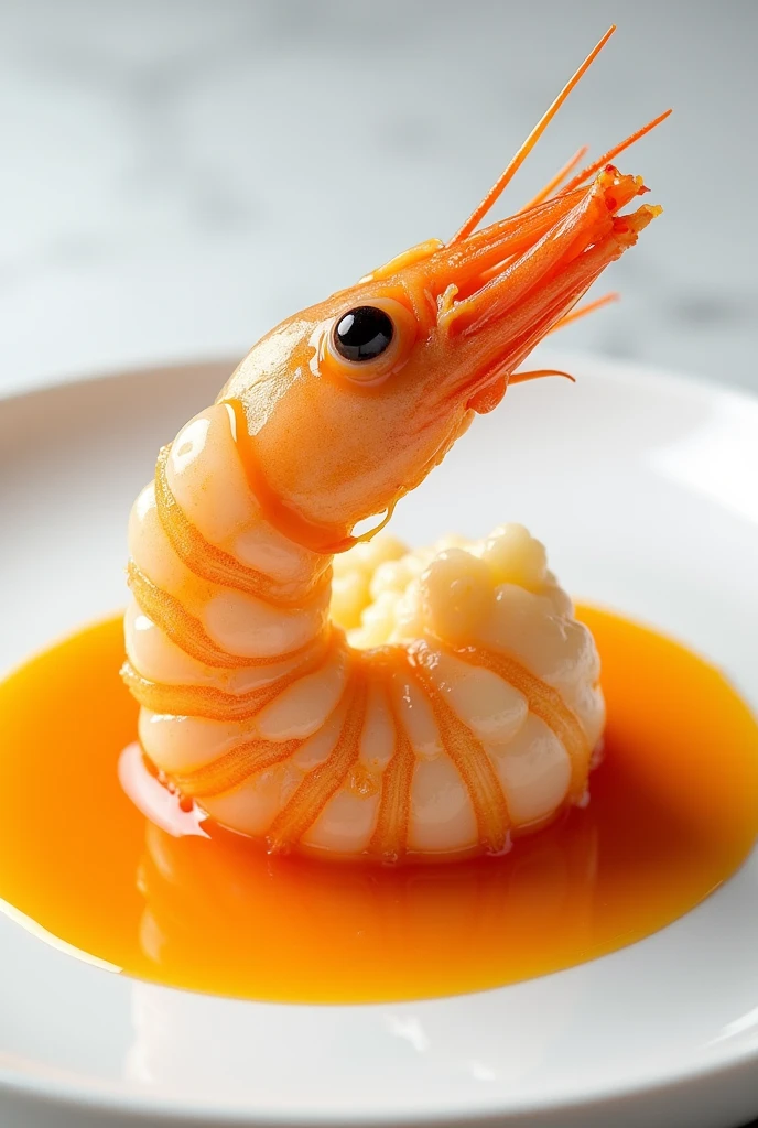 cooked shrimp with its head with mashed potato sticking in the body of the shrimp with orange sauce around it
