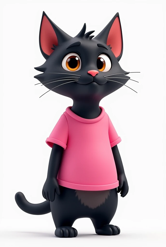 "A cartoon of A adult female black cat. Looking straight ahead wearing pink t-shirt. Background white. Looks human