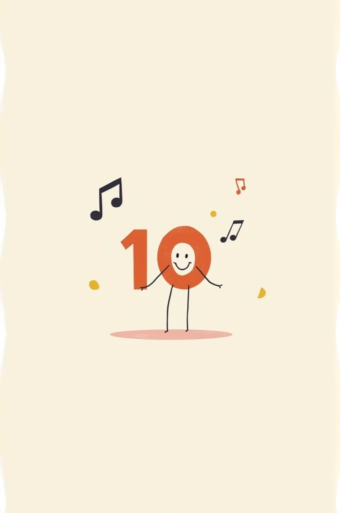 Simple minimalist illustration in light or pastel colors of a number 10 with a happy simple face making some music (tocando in writing, Singing, listening to music) If it's not the number doing it, it could be little s doing something musical.