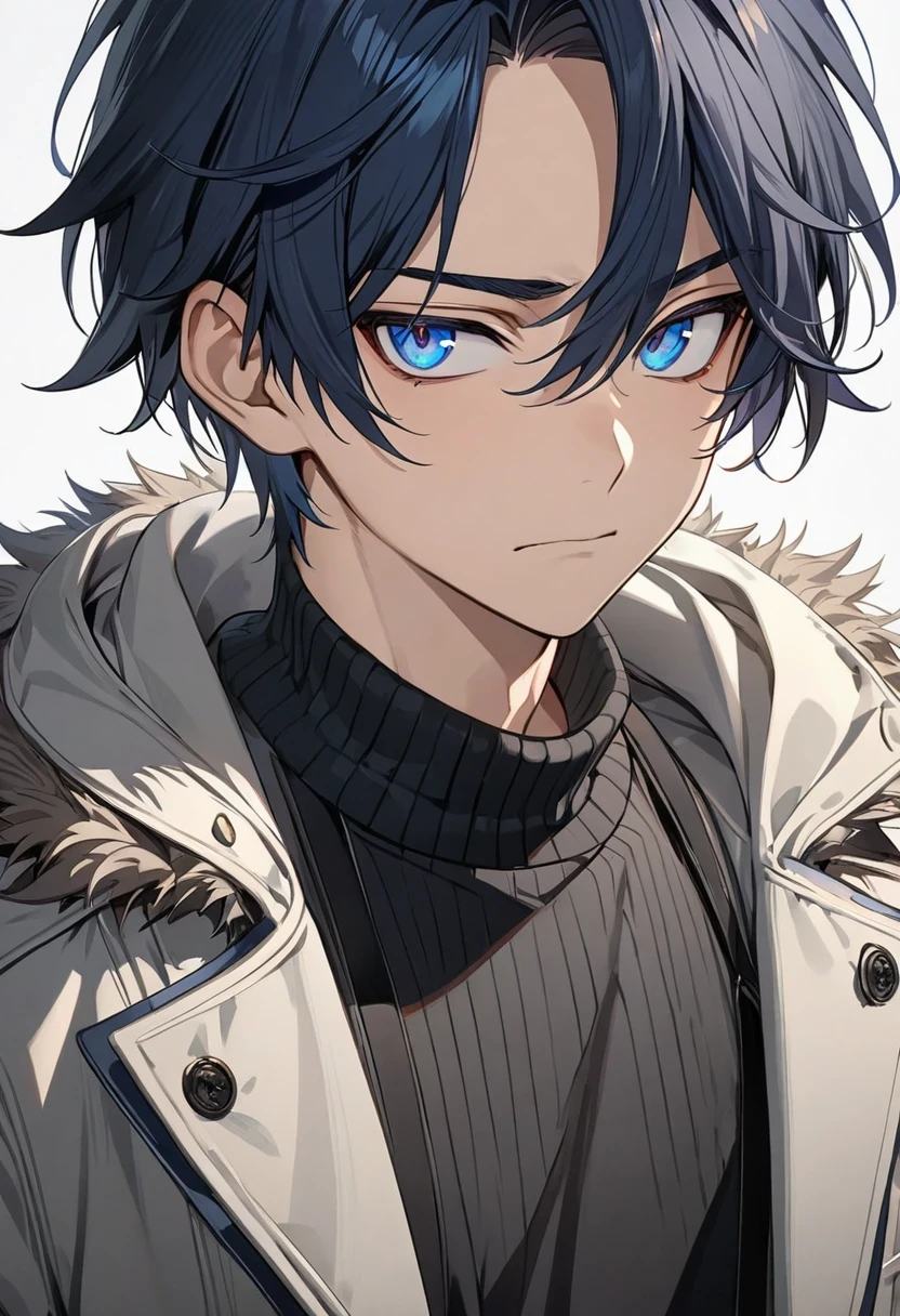 an anime boy, dark blue hair, blue eyes, neutral expression, slim body, short hair, elegant, detailed eyes, ultra detailed, high quality, ager, masculine features, gruff, sweater, coat .