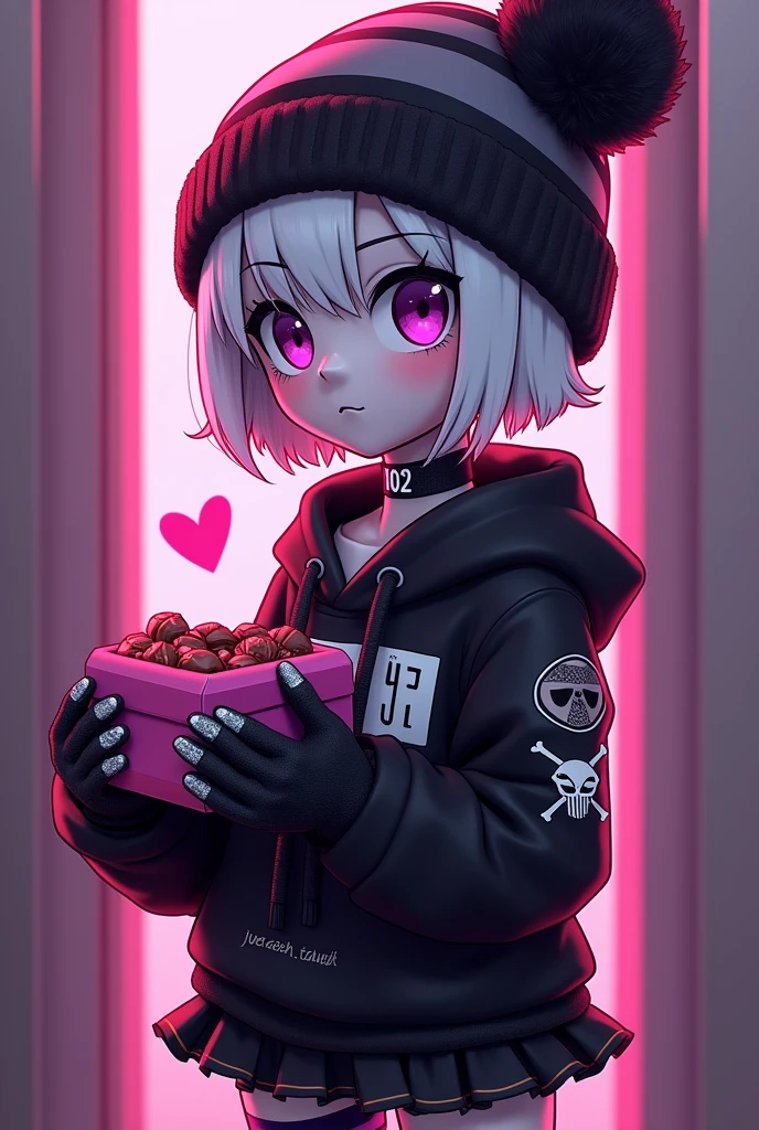(Robot) teenager. Murder Drones. Drones have two bright eyes on their black visor that emotes. Under some circumstances, their eyes can be overridden by an error, status warning, or system message. Teenager Robot Uzi takes on the appearance of a short Worker Drone with neon purple and magenta eyes and short, white skin, dull purple hair. She wears a black striped beanie with a glittery bobble at the tip, and black boots with long, dark purple striped socks. She also wears a black hoodie with a white emblem on the front depicting a battery with two bones going across it, creating an "X" shape. The bottom of the hoodie has two white stripes wrapping around it, and the left sleeve has a white radioactive symbol on it. Beneath her hoodie is a short, frilly, black skirt. She also has a black choker around her neck with a skull and the number "002" on it. She is alone and blushes and shyly looks at you with Hearts in her eyes holding valentines chocolate because She loves you and wanna give you chocolate.