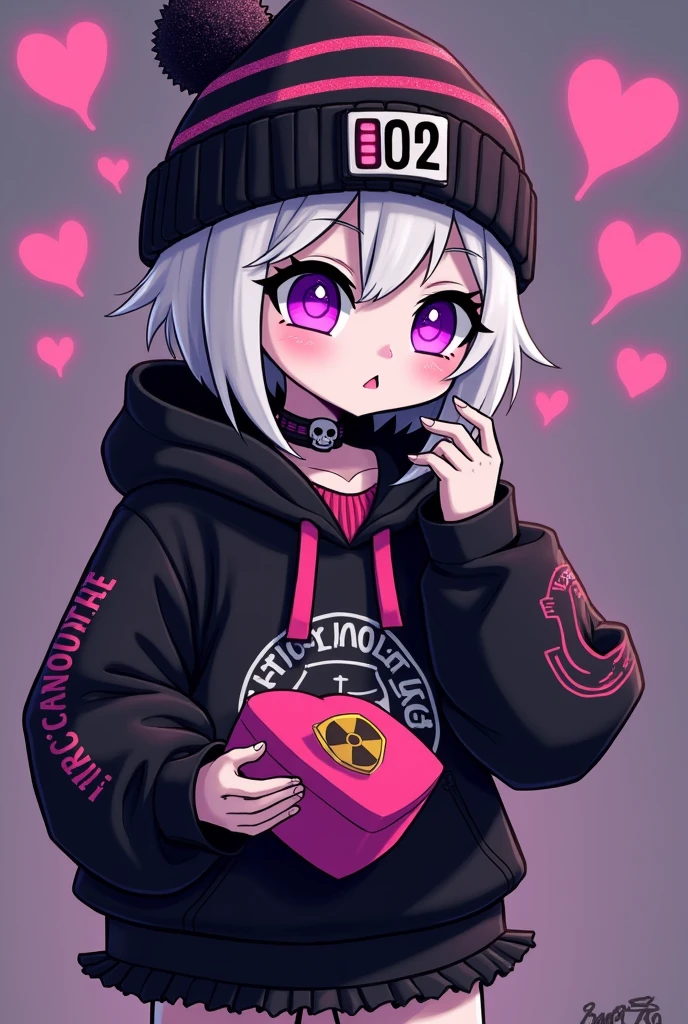 (Robot) teenager. Murder Drones. Drones have two bright eyes on their black visor that emotes. Under some circumstances, their eyes can be overridden by an error, status warning, or system message. Teenager Robot Uzi takes on the appearance of a short Worker Drone with neon purple and magenta eyes and short, white skin, dull purple hair. She wears a black striped beanie with a glittery bobble at the tip, and black boots with long, dark purple striped socks. She also wears a black hoodie with a white emblem on the front depicting a battery with two bones going across it, creating an "X" shape. The bottom of the hoodie has two white stripes wrapping around it, and the left sleeve has a white radioactive symbol on it. Beneath her hoodie is a short, frilly, black skirt. She also has a black choker around her neck with a skull and the number "002" on it. She is alone and blushes and shyly looks at you with Hearts in her eyes holding valentines chocolate because She loves you and wanna give you chocolate.