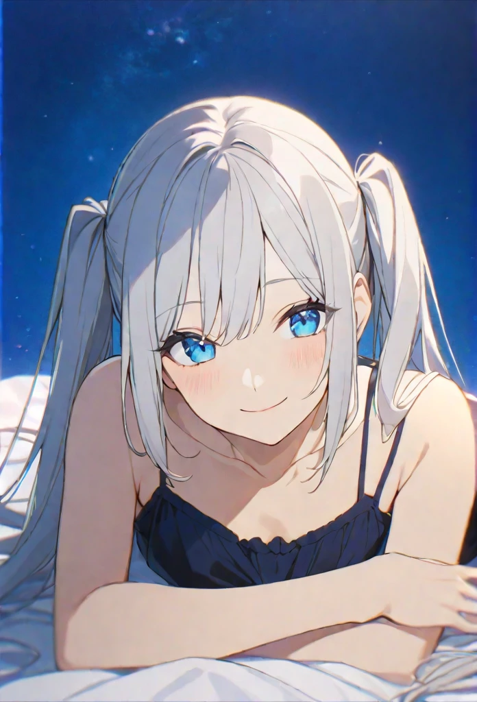 solo, good looking,1. woman,Straight Hair, Twin tails,Silver Hair,Blue Eyes,Soft impression,camisole,Highest,skin,,smile,,Blue background,sexy,Sexy,tits,bed,lie down,Night Sky
