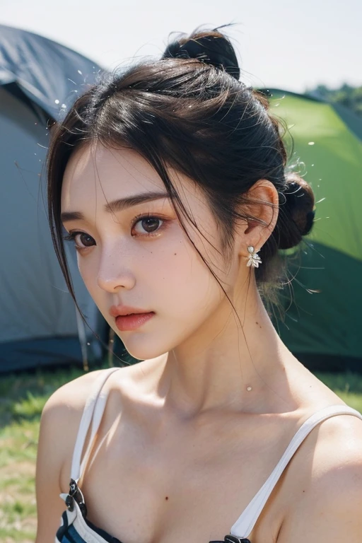 (2 pure Japanese girl,), (Small breasts:1.5,),(Moles on the left side of the neck and the right side of the chest:1.5),(solo,,Textured skin, Detailed skin,Detailed face,Detailed eyes,detailed posing,Natural eyebrows,Sparkling Eyes,High detail, Highest quality, Super detailed, Surrealism, ,8k,RAW Photos,Photographicism,Professional Lighting,Ray Tracing,Portrait Photography,Natural Light),(((Black Hair, Natural Makeup,Simple earrings, Low bun hairstyle,camp site,barbecue,Overall)))