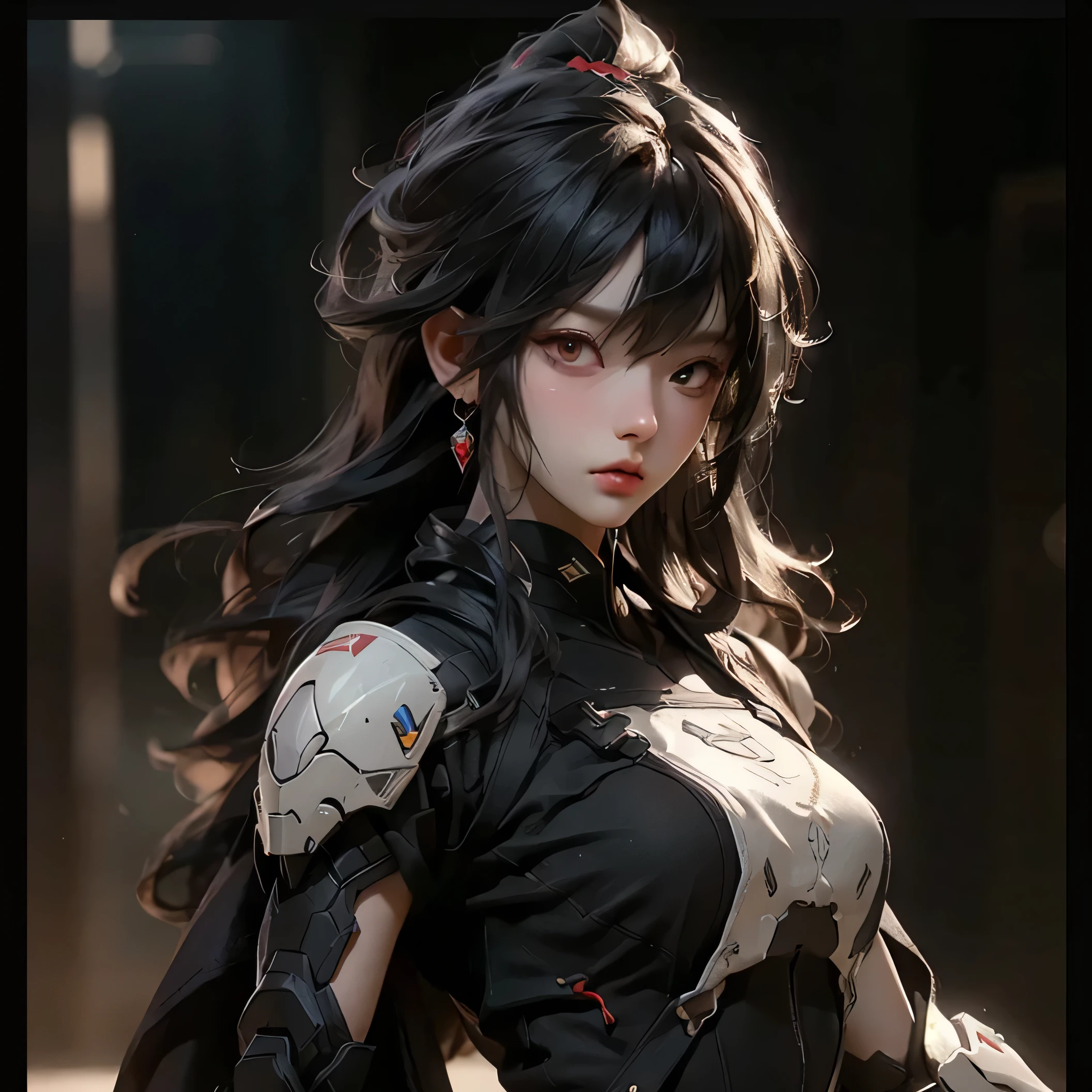 (best quality)), ((Masterpiece)), (details:1.4), 3d, HDR (high dynamic range), an image of a beautiful cyberpunk female, Red hair, Curtain Bangs, Red eyes, hips up, จมูกโด่ง, ปากแดง, หน้าอกใหญ่, nvidia RTX, PBR surface, After processing, Anisotropic filtration,depth of field, Maximum clarity and clarity, multi-layered surface, Subsurface scattering, perfect proportions, 8K raw files, ultra detailed, Perfect proportions, volumetric lighting, soft lighting, Holy Paladin, Heavy Black Armor, glossy skin, intricate grey background, strong back lighting, jewely, ต่างหู, นิ้วมือสมบูรณ์, กระโปรงสั้น