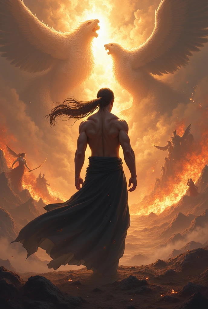 A young man with a formidable back, long hair tied in a ponytail and wearing black robes, He looks so relaxed despite the view in front of him, where you see a war of all kinds of races, While the sky is cracked, angels come out, dragons and demons and there are flames all over the place