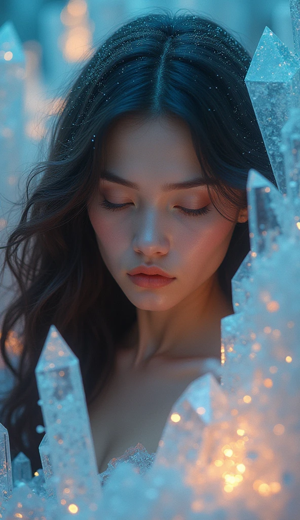 crystals fantasy, close up, a beautiful woman with long hair,
fantasy, galaxy, transparent, 
shimmering, sparkling, splendid, colorful, 
magical photography, dramatic lighting, photo realism, ultra-detailed, 4k, Depth of field, High-resolution.