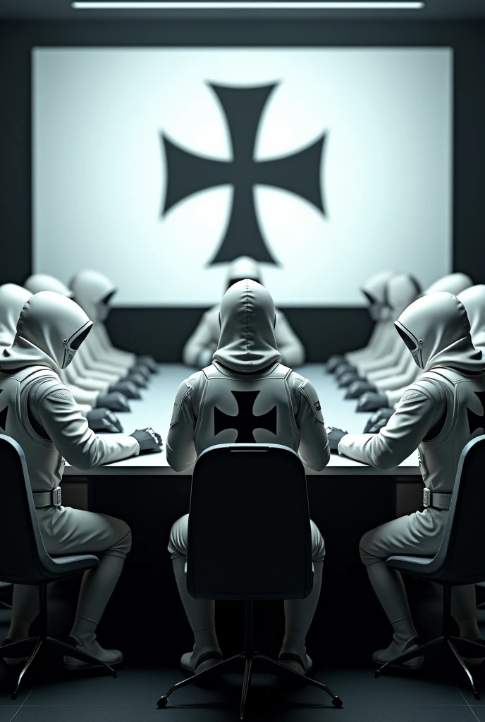 12 modern soldiers , with white bulletproof vest with a red Templar cross painting, with templar hood , military boots sitting at a table in the center and a big screen in the background