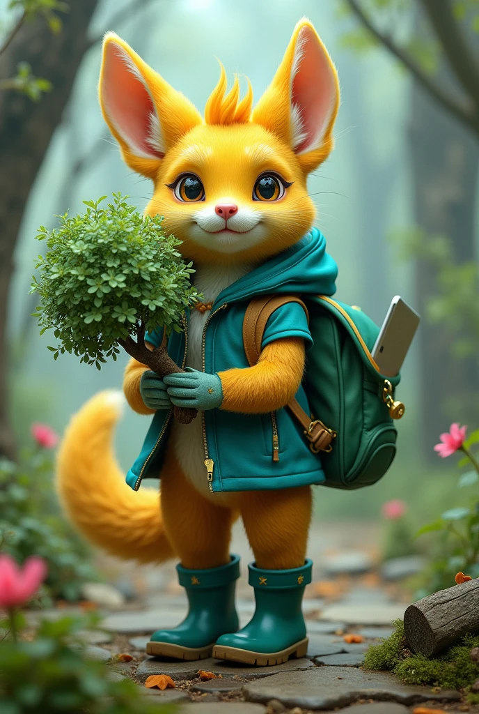 A golden-coloured ringtail animal with blue fur ,emerald green rubber boots and an emerald green backpack with a laptop sticking out and a tree in his hand