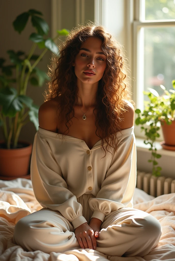 (photorealism:1.2), beautiful woman, sitting on bed, wearing loose off-shoulder top, pajama pants, long curly hair, indoors, soft lighting, plants in background, window with sunlight, cozy room, relaxed pose, realistic, intricate details, warm colors, by Greg Rutkowski, by Alphonse Mucha