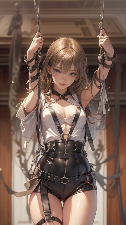 (Realistic:1.6),(High resolution:1.6),(alone, One Woman:1.5),(Thin woman:1.2),(Beady Eyes),(Big eyes),(Light brown hair),(Cool Beauty:1.3),Chuchloe,(His personality is lewd),(Slender body),(Show off your muscles),(Have an orgasm),(Preteen),(Orgasm comes),(Amazing orgasm),(Small breasts),(Ahegao:1.3),(Ecstasy),(sexual excitement),(BDSM:1.5),(Leather Bondage:1.3),(Harness:1.5),(constrained:1.5),(Woman's hands tied:1.3),(Hanging by chains:1.5),(Restraint device:1.3),(Tied up with leather belts),(Tied up and unable to move),(masochism:1.5),(eroticism),(Both armpits are visible:1.5),(Place your hands behind your head:1.5),(Being sexually assaulted:1.5),(Leather panties:1.3)