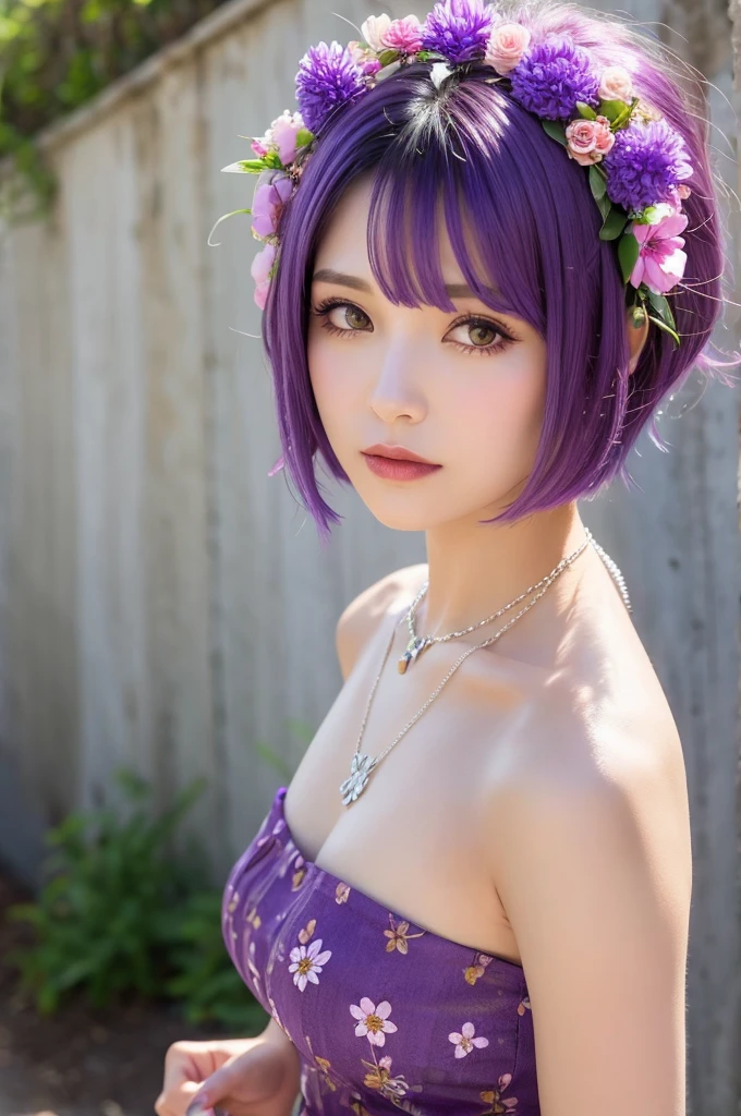 Purple hair, beautiful woman, short bob, flower on head, necklace, dress