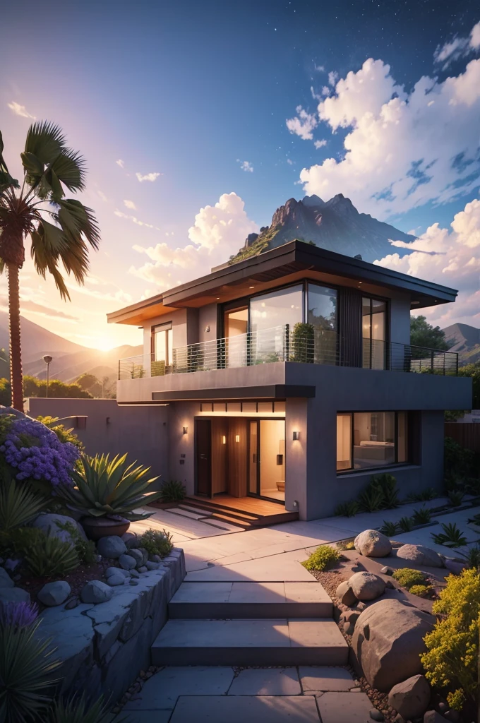 small and beautiful modern house in top of big boulders, terraces, pool, stairs, multiple cacti gardens, palms, trees, rocks, beautiful landscape design, mountains and volcano y background, amazing clouds, sun, moon, planets, milky way galaxy, concrete, wood, glass and steel materials, olive green, violet, orange and withe colors in facade