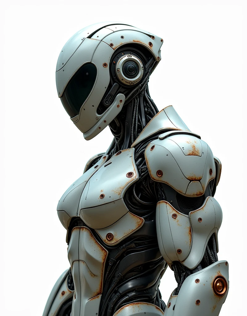 Generate a concept in AI,AI,Half Body,Mecha like Marvel's Hulk full color silver and rust armor, cyberpunk hi tech helmet, Technology,Surreal, white background