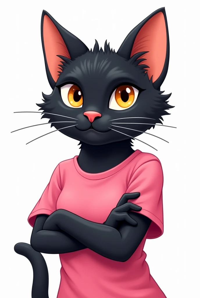 "A cartoon of A adult female black cat. Looking straight ahead wearing pink t-shirt. Background white. Looks human, crossing her arms
