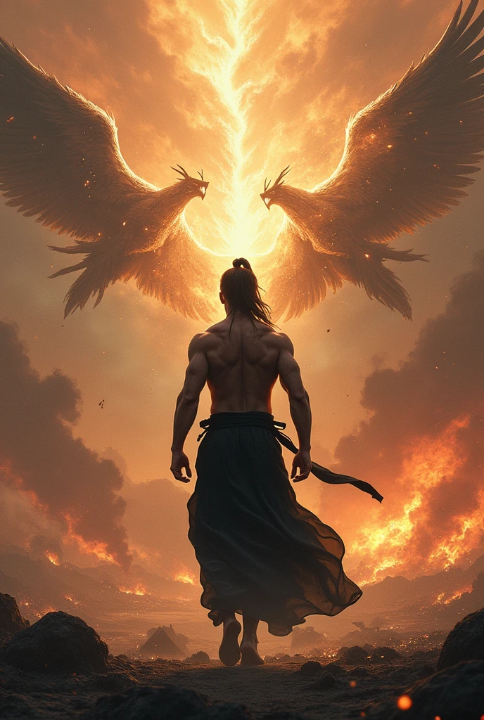 A young man with a formidable back, long hair tied in a ponytail and wearing black robes, He looks so relaxed despite the view in front of him, where you see a war of all kinds of races, While the sky is cracked, angels come out, dragons and demons and there are flames all over the place
