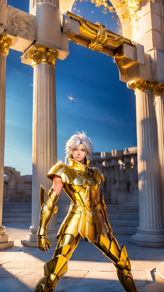 A man, male details, Degel Gemini from Saint Seiya, masterpiece, best quality, highly detailed RAW color photo, sharp focus, 8k high definition, reading glasses, holding a energy ball, long white hair, turtle neck, male wearing gold shiny armor, light turquoise white hair, tight-fitting blue undergarment beneath armor, purple eyes, leg armor, shoulder armor, gold armor, reflection on armor, headset, gold headband, sparking armor, white skin-tight transparent vinyl, gentle smile, in an open and well-lit Coliseum,Fighting Pose with Greek pillars and garden with flowers, Gemini Armor, standing straight, sacredness, landscape, bright, facial freckles (0.1), to8contrast style, posing in a bright Coliseum with Greek golden pillars, rim lighting (1.4), two-tone lighting with soft highlights, octane, unreal, well-lit, aura of wisdom.