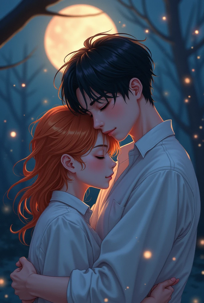 Yeonjun, with his deep orange hair, sports a pure look and an angelic face. He wears comfortable pajamas and a white shirt that highlights his figure. In his arms, Christopher hugs him tightly, dispelling his fears in the cold night that surrounds them. Christopher's ink-black hair contrasts with the softness of his white shirt. The full moon bathes their faces in a silver light, while the wind whispers a melody of love between the branches of the trees. Yeonjun feels comforted in Christopher's chest, his heart finding peace as they rest on the bed, embraced by the silence of the night.