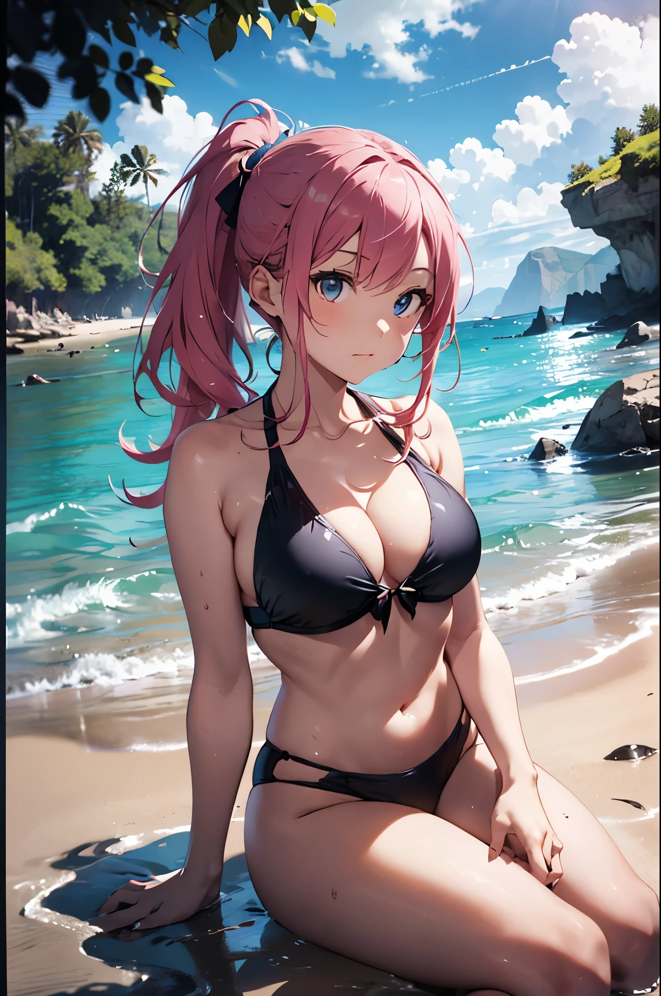 4K,8k,High resolution,Pink Swimsuit、
A pretty young woman,Pink Hair、ponytail、Pink Swimsuit、
(Soft Saturation:1.3), (Fair skin:1.2),
(ultra-Detailed Background, Detailed Background), Bokeh,
break&#39;Smiling portrait.,
When viewed from the front, The composition is symmetrical,
Looking straight at you with serious eyes,
break Swimwear, White Bikini, Center of chest, 
Outdoor, Sea surface, null, sunlight,Summer beach, Sandy Beach,
Strong light, Front lighting, 
(Teen:1.3), (Cowboy Shot:1.2),
Front brake angle,
View your audience,
Dynamic pose,
sitting on the beach
Wakame seaweed、Wakame seaweed、
Seaweed、Seaweed、Seaweed、Seaweed、Seaweed、Seaweed、Seaweed、