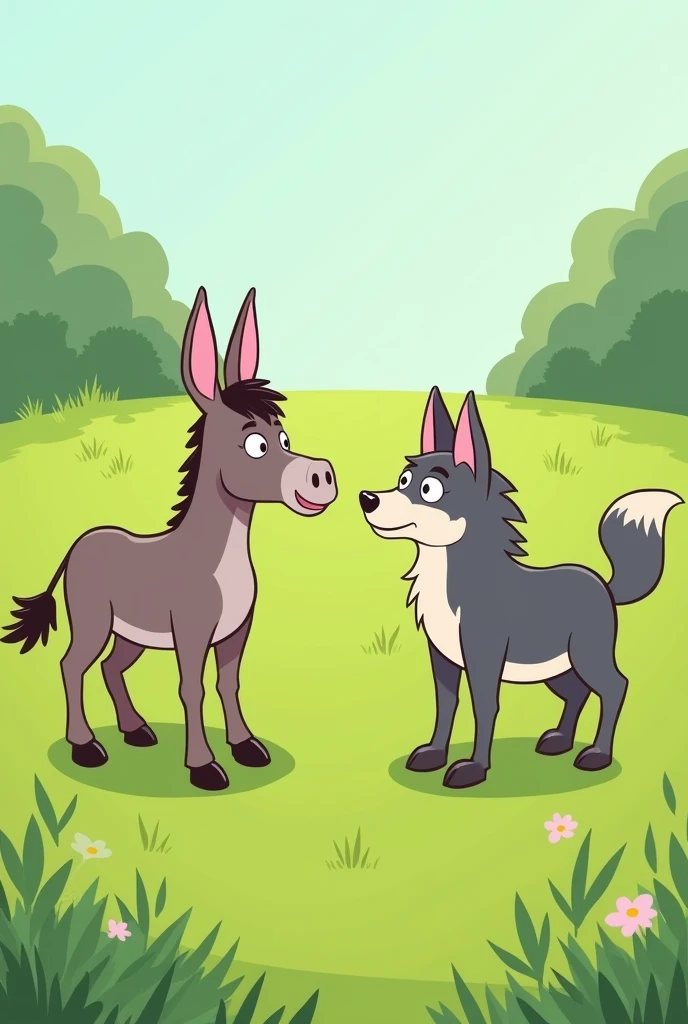 A donkey and a wolf stand together on a lawn and look at each other,cartoon
