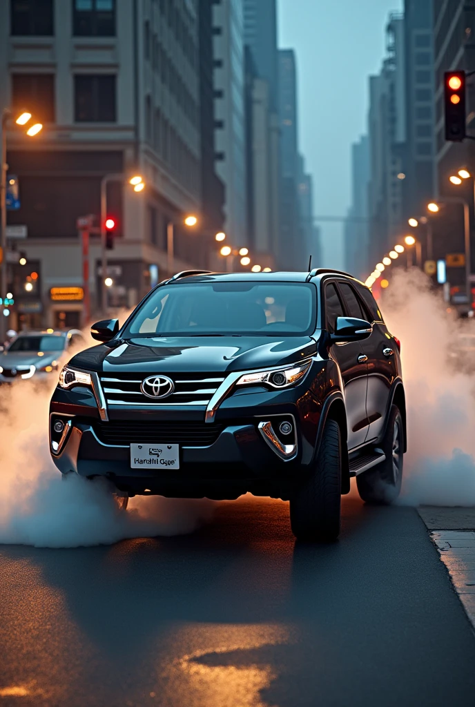 Black fortuner at street lights smoke side look and number plate name is Harshil Gajera