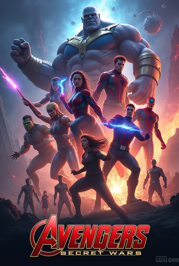 "Avengers: Secret Wars":
"Illustrate a high-stakes, dramatic poster with multiple Marvel characters clashing in a battle for the ages, with a mysterious and explosive backdrop."With movie name in poster