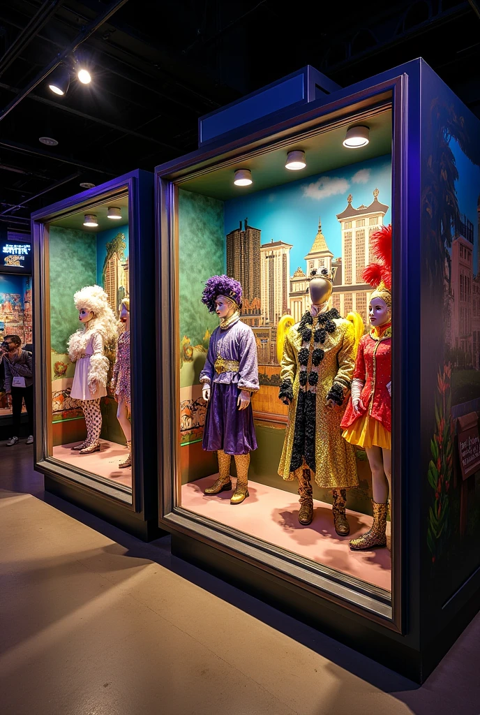 An open book-type stand with a Mardi Gras New Orleans theme wall, only with open book-type walls, 3 meters long and 1 meter high..5 meters wide and 2.45 high make it like a Mardi Gras festival display only it has to be open walls and so that you can see the festival display type costumes photos environment food in that display that