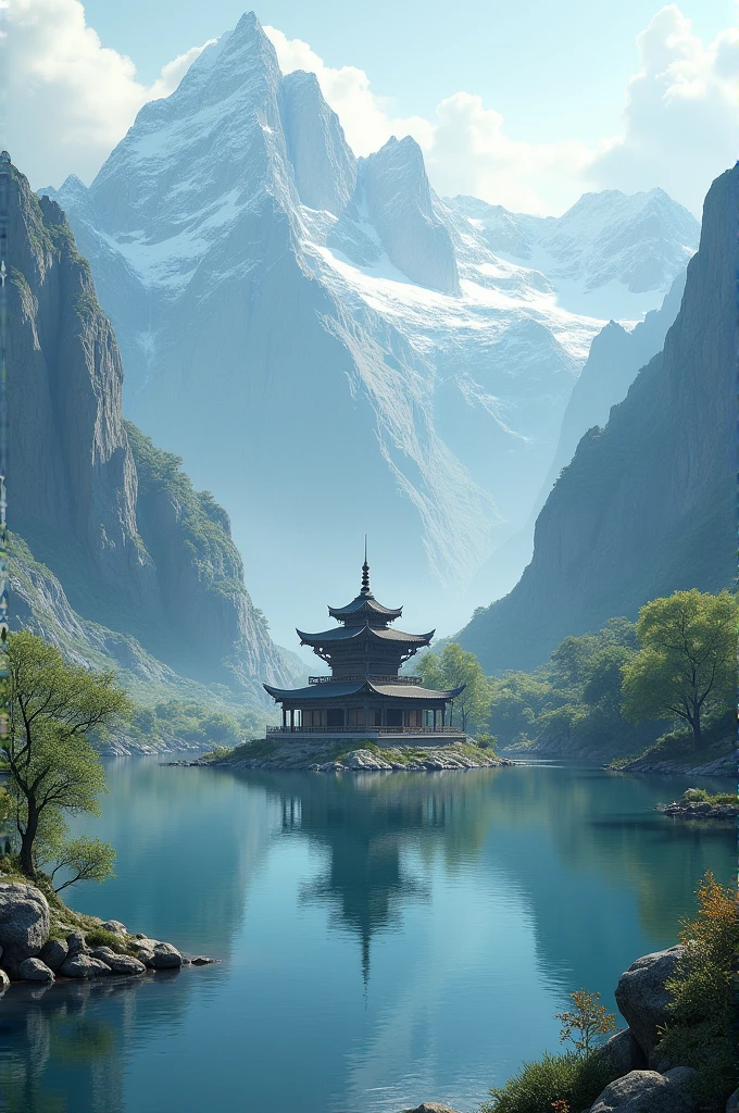 There is a big pond and mountains around it and a temple in the middle of the pond