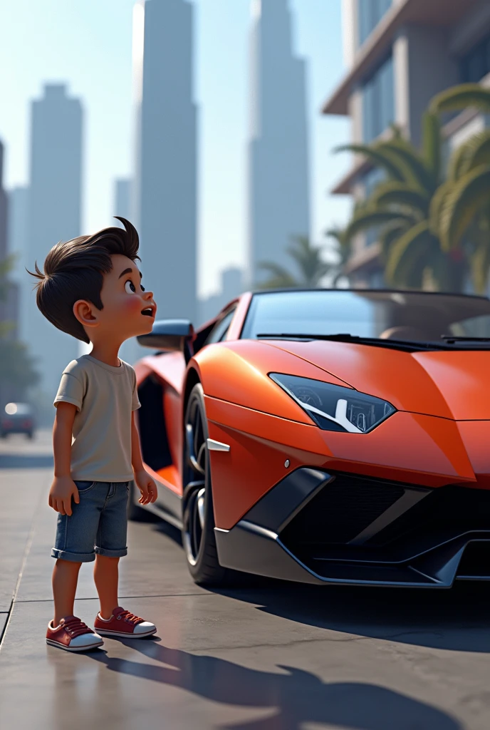 A boy named santhosh standing near the Lamborghini car with a name printed