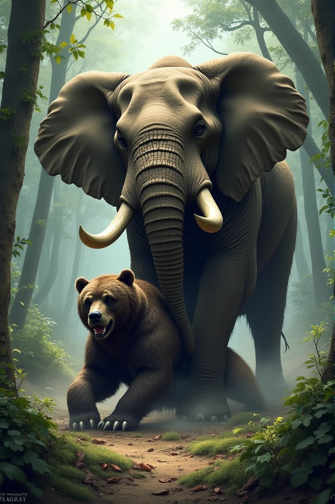 There is a fight between a elephant and a bear in a jungle in which the bear kills the elephant and the elephant falls on the bear